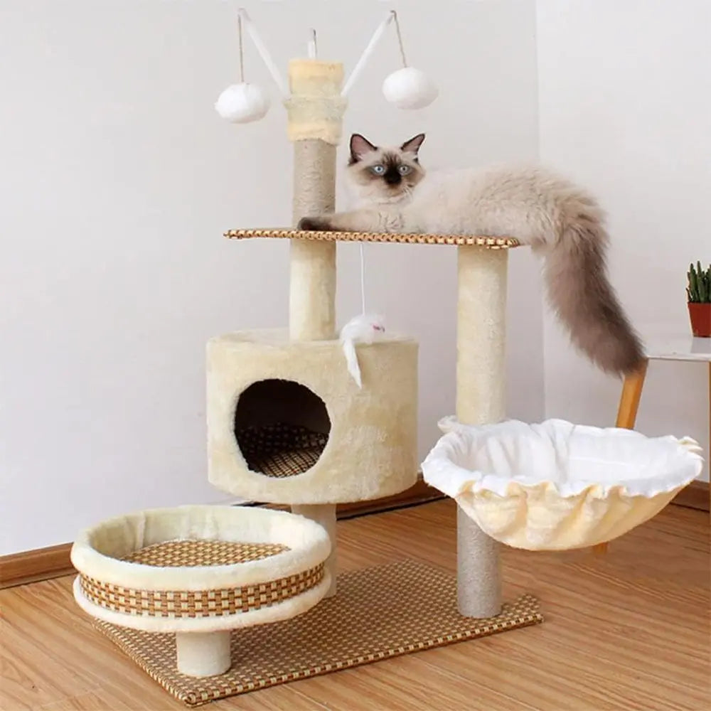 Multi-Level Cat Condo with Hammock, Sturdy Indoor Cat Climbing Tower for Play and Rest