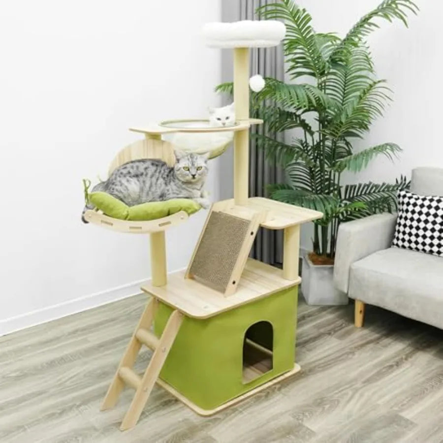 59.1-Inch Green Cat Tree for Indoor Cats with Large Adult Cat Condos Cat Scratchers Plush Jumping Platform Hanging Ball Cat Ham