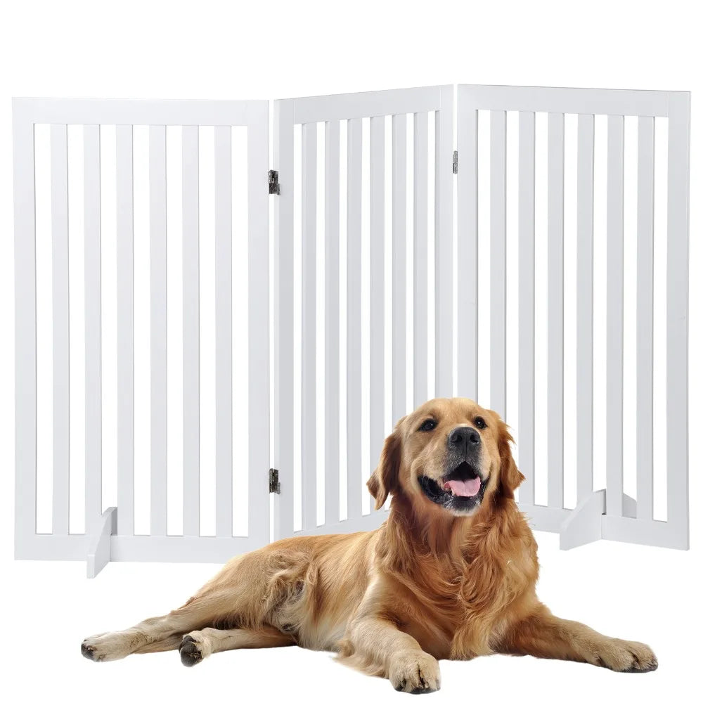 Pet Dog Gate 36" Foldable Fence Indoor 3 Panel Extra Wide Wooden Dog Door White