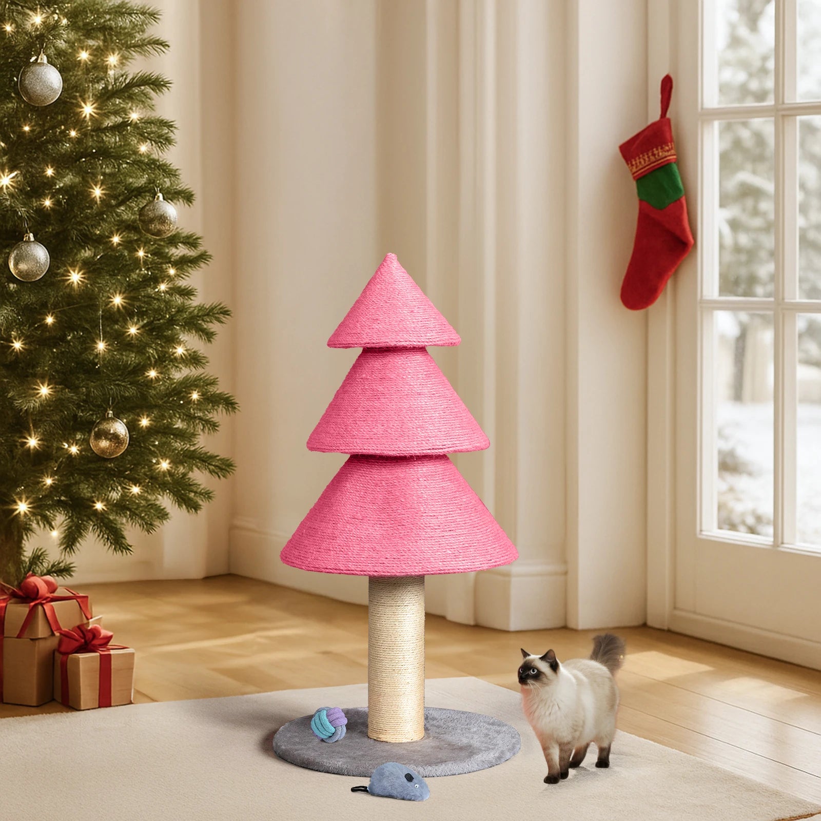 Christmas Tree Cat Scratcher, Cat Scratching Post for Indoor Cats, Large Sisal Cat Scratching Tree Cat Scratch Tower, Pink