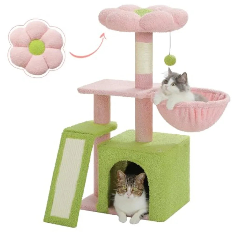 Flower Cat Tree for Indoor Cats 32'' Small Cat Tower Cat Condo with Sisal Scratching Ramp Cozy Hammock and Removable Flower Bed