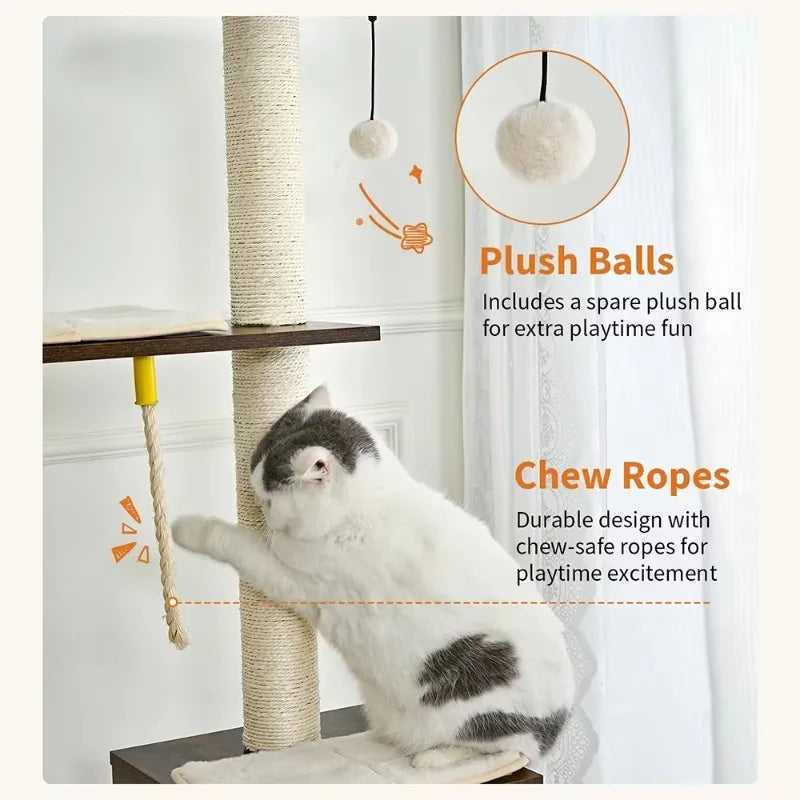Modern 65" Tall Wood Cat Tree Tower Indoor Condo with Hammock Scratching Post Removable Pads Bed for Small Large Brown Cats