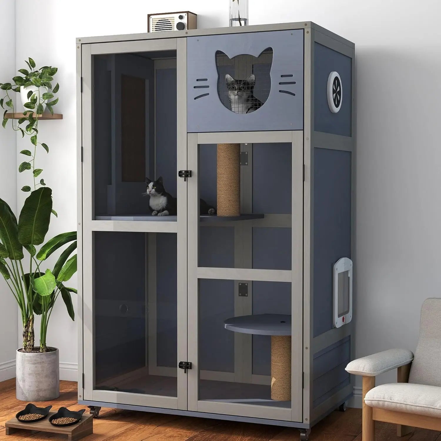 Large Wooden Cat House Condo Multi Platforms Scratchers Vent Litter Box Clear Doors Indoor Villa Wheels Natural Wood, Customized