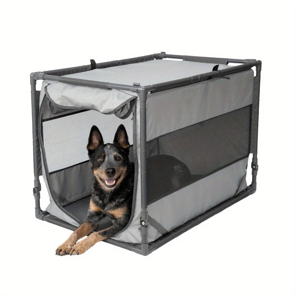 Large Portable Folding Dog Kennel Gray Soft Crate Pet Carrier for Travel Indoor Outdoor Use