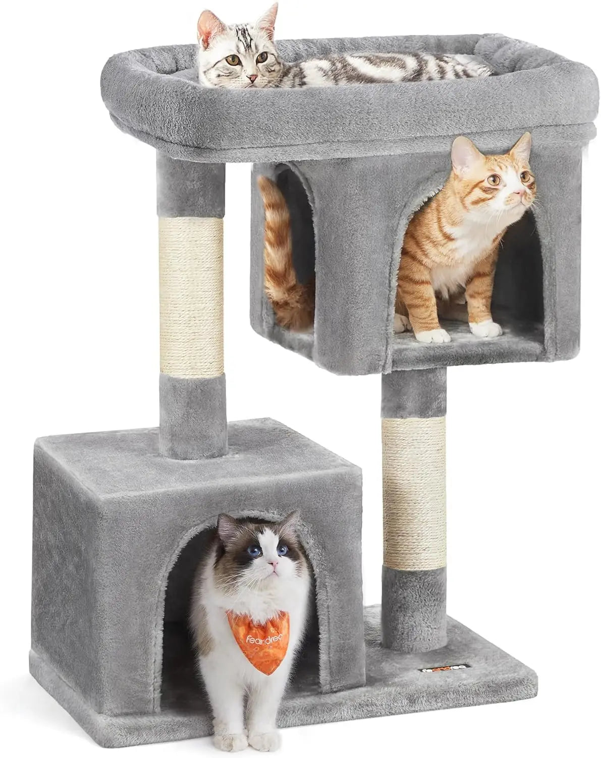 33-Inch Cat Tower with Plush Condo, Large Perch, 2 Caves, and Scratching Post for Cats up to 16 lb