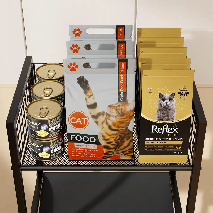 Cat Furniture Stand with Cat Scratching Post, Cat Food Bowls, Cats Bed Platform, Cats Food Storage Organizer, All in One Pet Fur