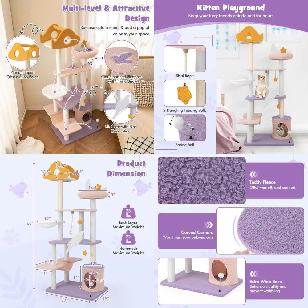 66 Star & Moon Indoor Cat Tree Tower with Multi-Level Platforms, Sisal Posts, Hammock, Toys