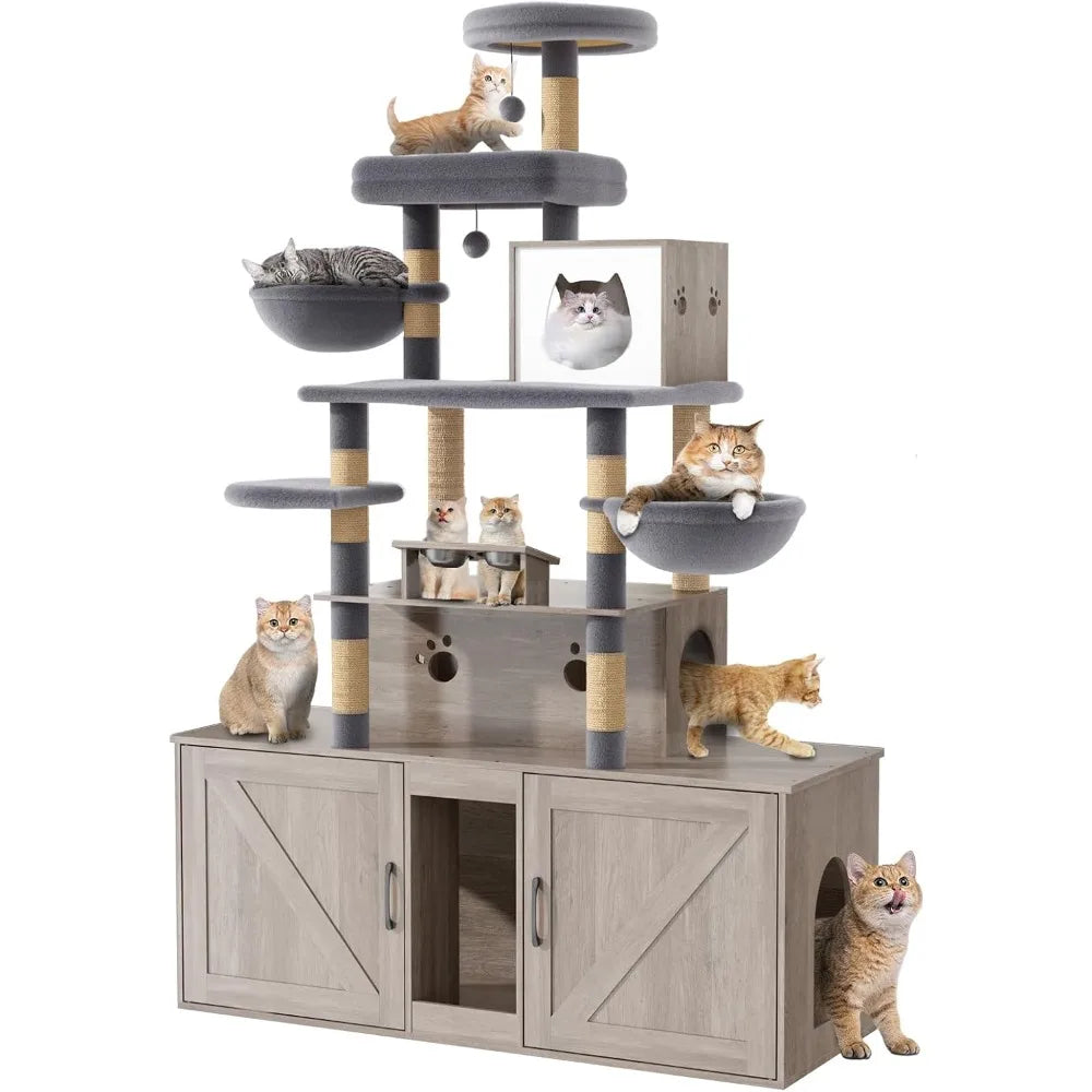 Cat Tree with 2 Litter Box Enclosures, All-in-One Cat Tower, Cat Condo with Sisal Scratching Posts, Hammocks, Detachable Plush B