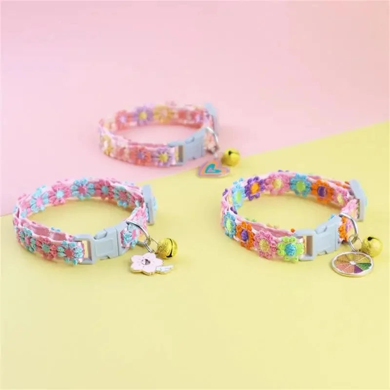 Cat and puppy necklaces Rainbow colored flower kitty collar with bells Adjustable strap Colorful lace kitty collar Dog accessory