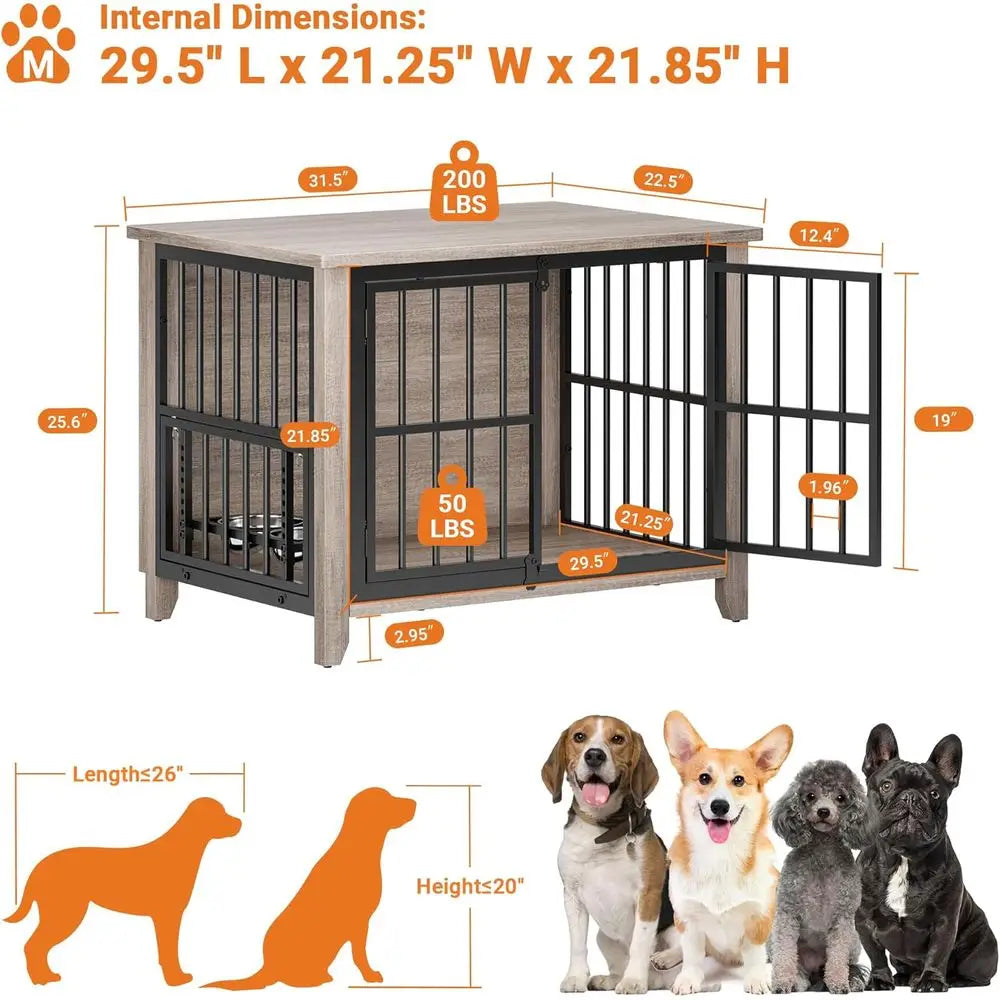 Wooden Dog Crate Furniture Set for Medium & Small Dogs with 360° Swivel Feeder and Adjustable Bowls, Grey