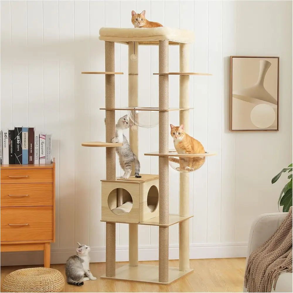 71" Tall Wood Cat Tree for Large Cats, Modern Cat Tower with 2 Acrylic Bowls, Large Top Perch, Spacious Cat Cave (Soft Cushion I