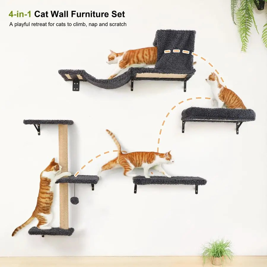 Cat Wall Shelves, Stable amp Safe 4 in 1 Cat Furniture Set, Wooden Climbing Wall with Scratching Post for 16 Inch Drywall Gray