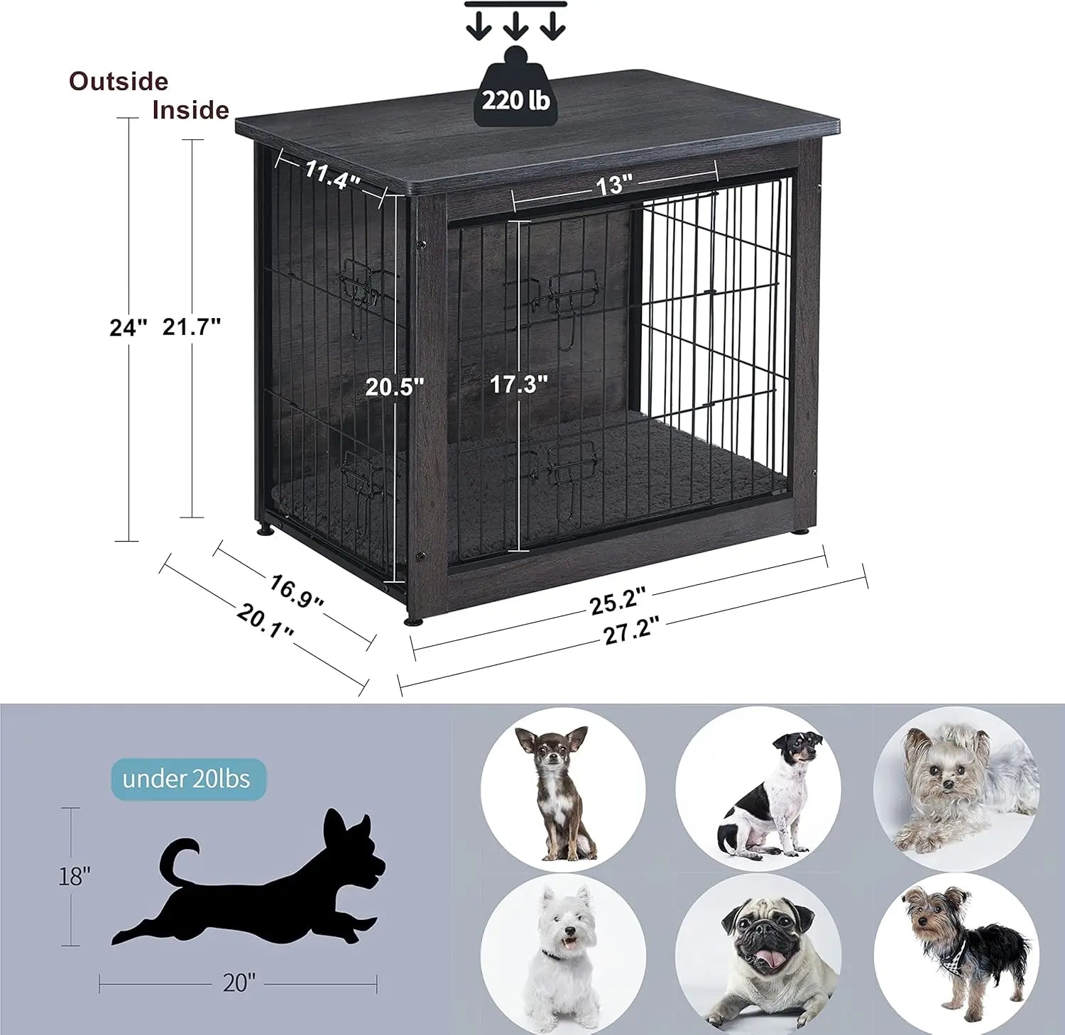 Wooden Dog Crate Furniture with Cushion, Double Door Kennel Table for Indoor Pets, Multiple Sizes Available