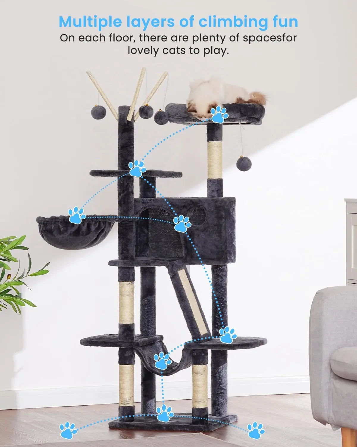 53-Inch Cat Tower with Scratching Posts, Cozy Condo, Hammocks & Padded Bed for Indoor Cats