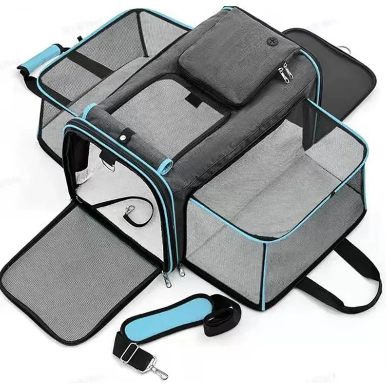 Reversible Expandable Cat and Dog Carrier - with fleece pad and pockets Travel Pet Carrier Portable outdoor carrying cat bag