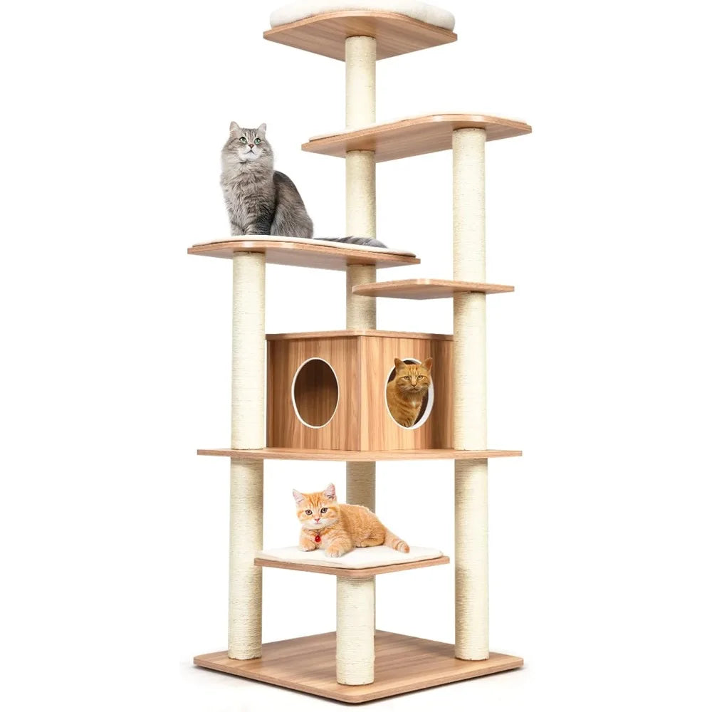 69 Inches Tall Cat Tree, Modern Wooden Cat Tower with Sisal Scratching Posts, Double-Entry Cat Condo, Multiple Jumping Platforms