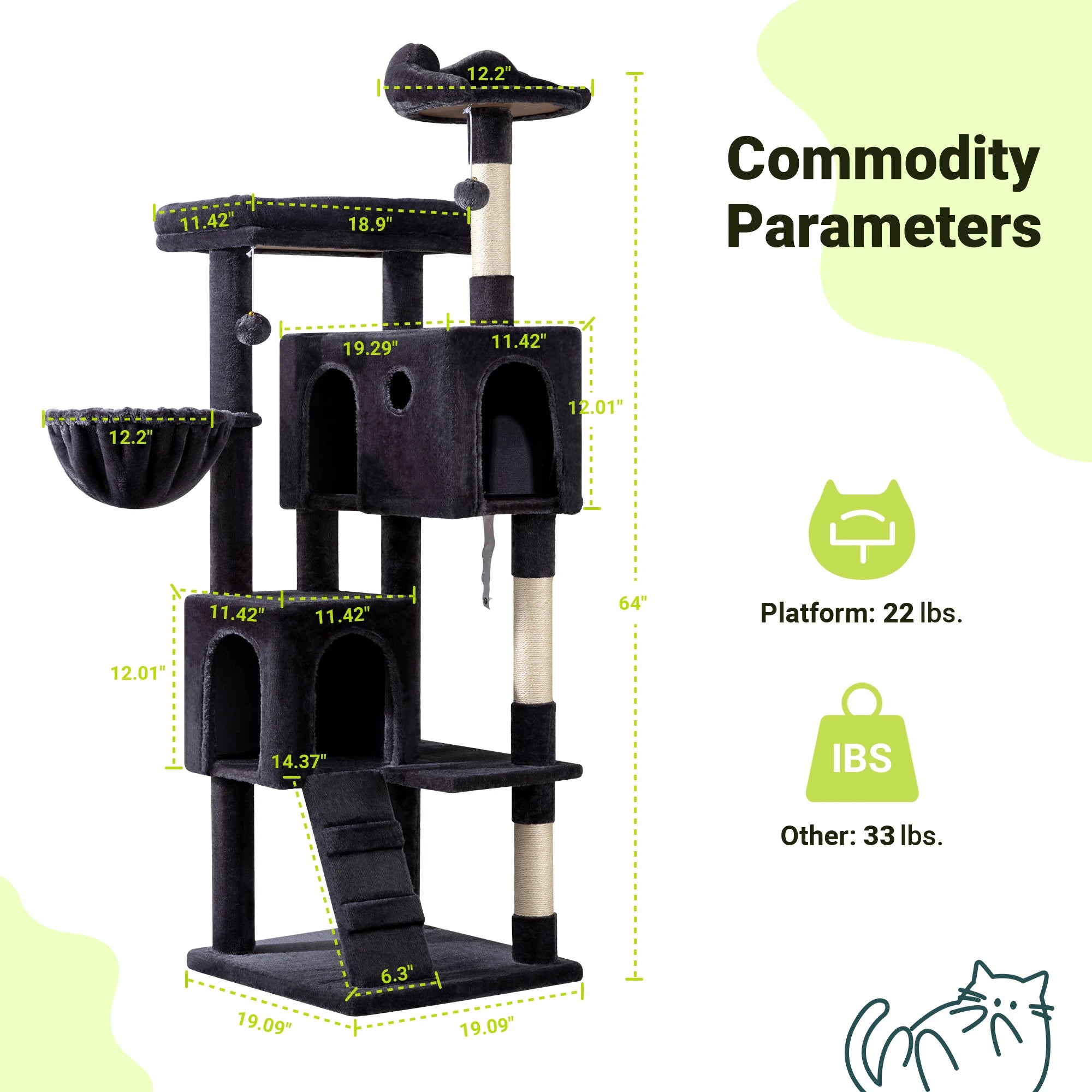 HOOMIC 64 Inches Cat Tree Tower/Multi-Level Activity Center for Indoor Big Felines/2 Plush Condos/2 Perchs/Basket/House