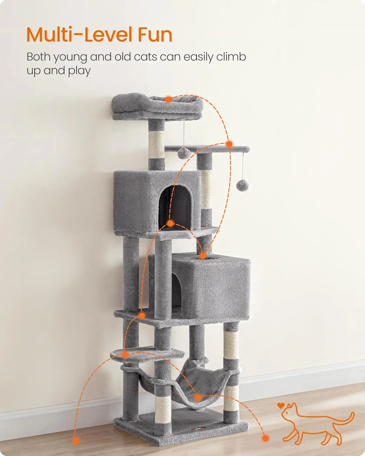 59.5-Inch Tall Cat Tower with 5 Scratching Posts, 2 Perches, Caves, Hammock for Multi-Cat Play