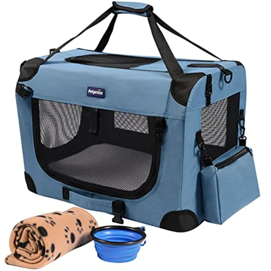 Portable Collapsible Dog Crate Travel Dog Crate 24x17x17 with Soft Warm Blanket and Foldable Bowl for Large Cats and Small Dogs