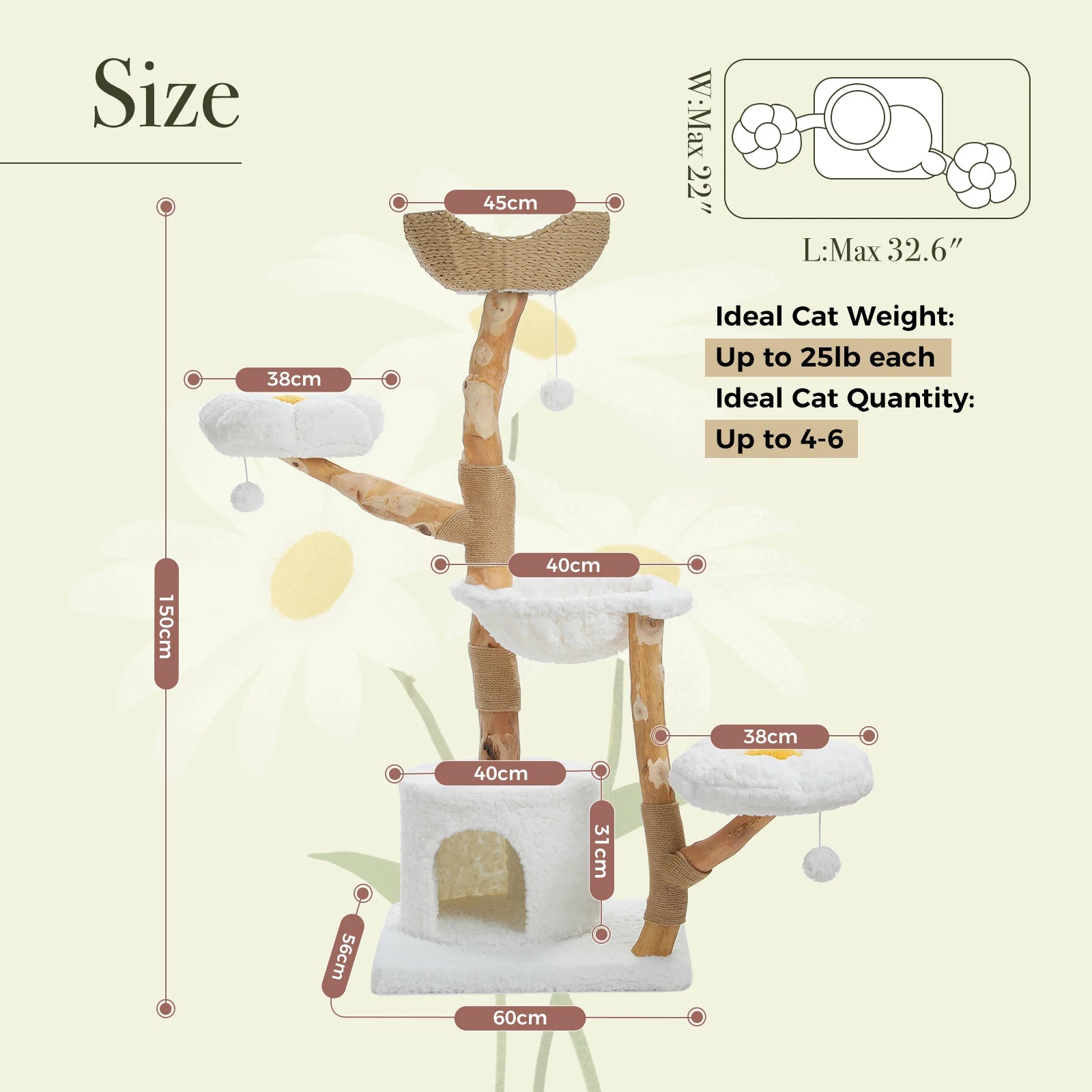 59" Cat Tree Modern Cat Tower with Spacious Cat Condo,Round Cozy Hammock,2 Flower Perches,Double Comfort Perfect for Indoor Cats