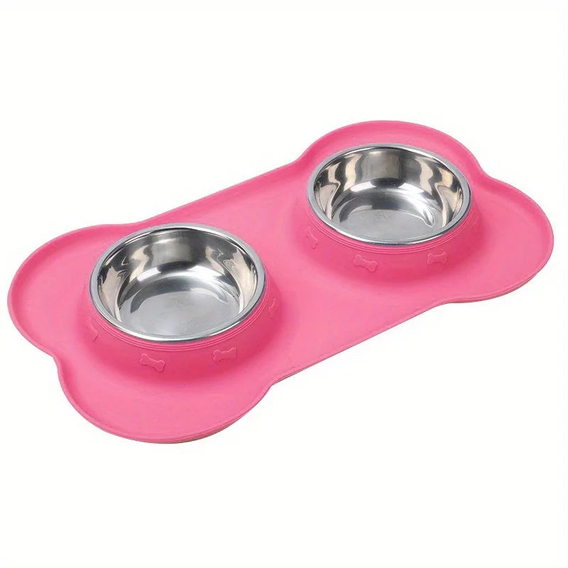 1PC Stainless Steel Bone Shaped Silicone Pet Dog Feeding Mat With Easy To Clean, Prevents Messy Food And Water Bowl