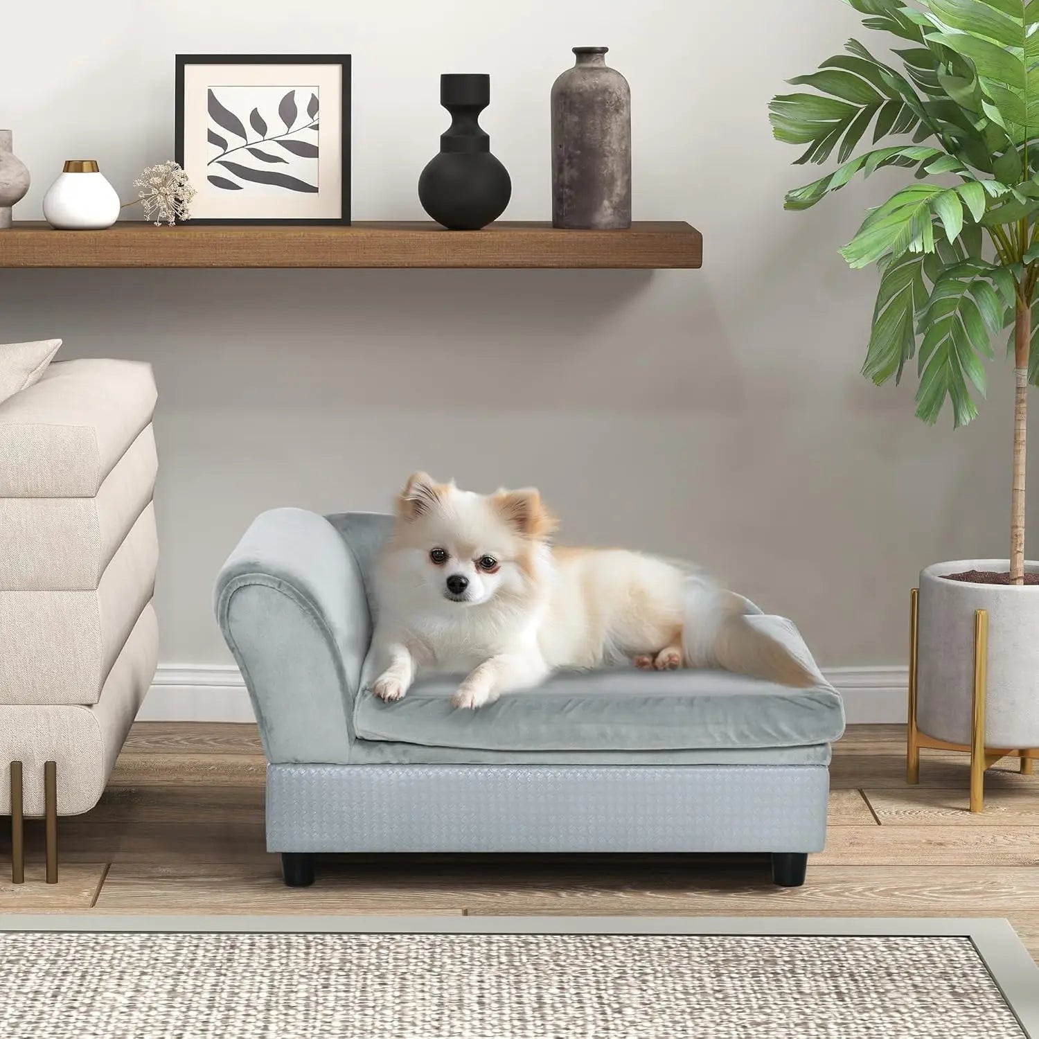 Luxury Dog Couch with Hidden Storage, Soft Foam Bed for Small Pets, Modern Gray Sofa