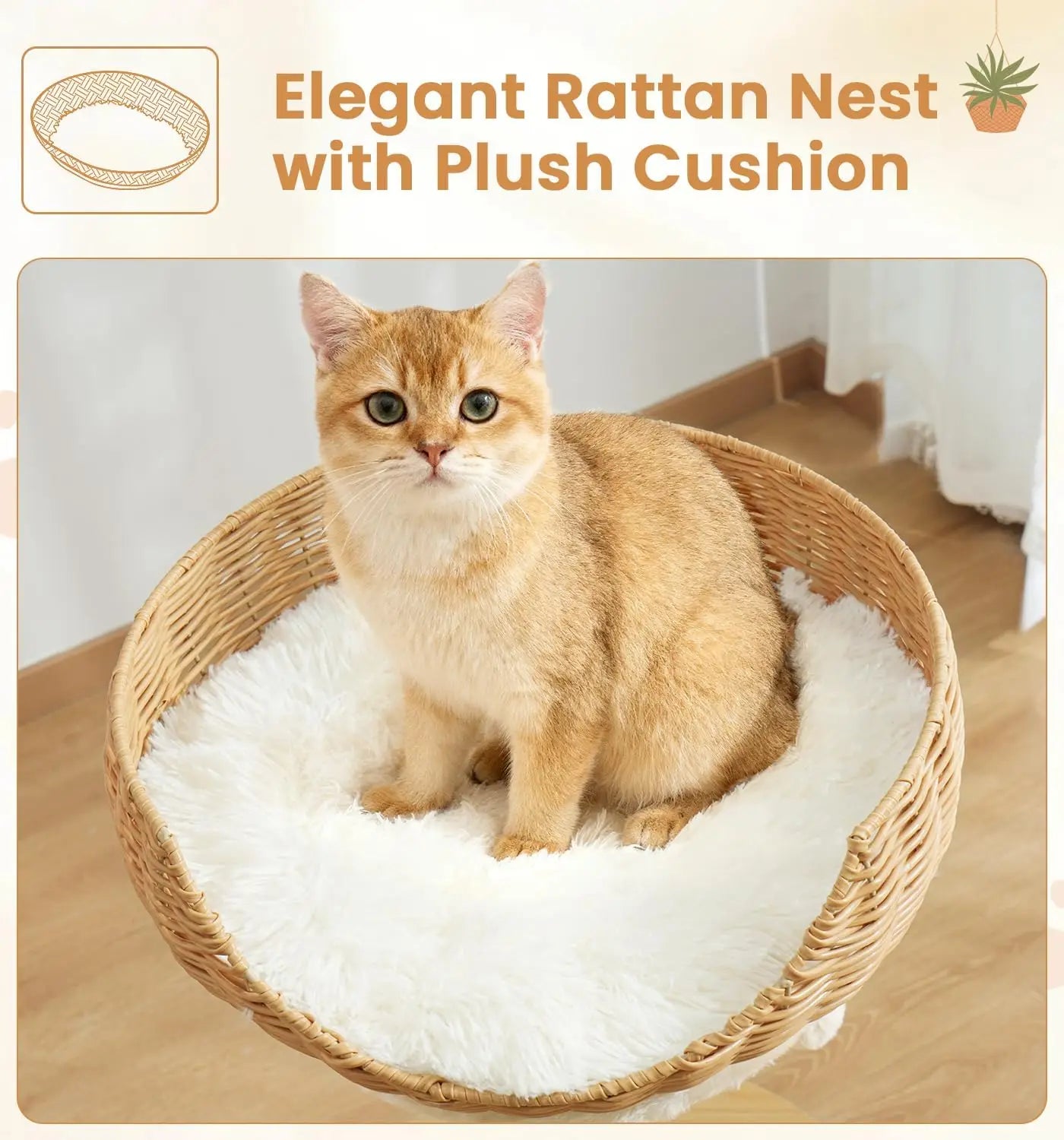 30in PE Rattan Cat Tree Tower with Scratching Post, Birdcage-Style Wooden Condo, Reversible Cushion & Thickened Base