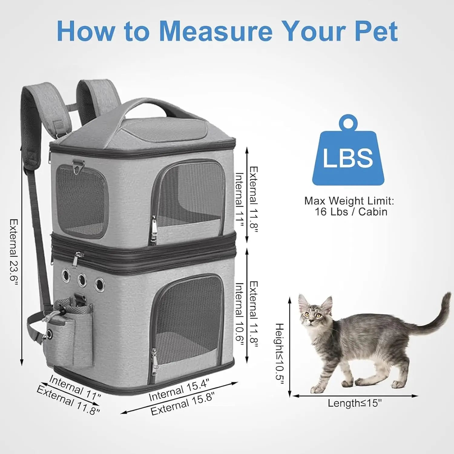 Detachable Double Pet Carrier Backpack for Cats and Small Dogs, Perfect for Traveling Hiking Camping, Grey