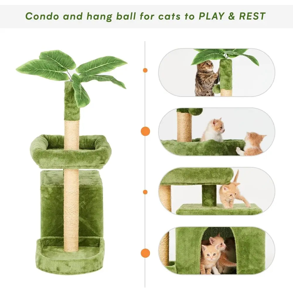 Green Leaf-Inspired Cat Tree Tower with Plush Cozy Spaces, Hanging Ball, and Leaf-Shaped Design for Scratching and Play