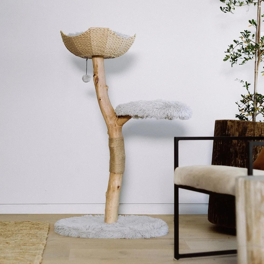 contemporary wooden cat tower with single branch perch for climbing and play, ideal furniture for cats and cat enthusiast gifts