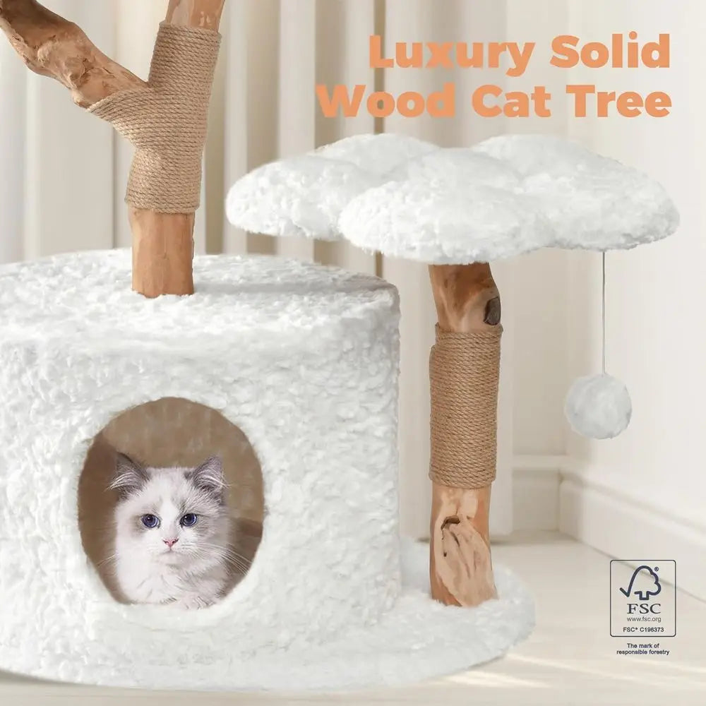 Luxurious Aesthetic Wood Cat Tower for Large Cats with Scratching Posts and Flower Platforms, White Rabbit Hair