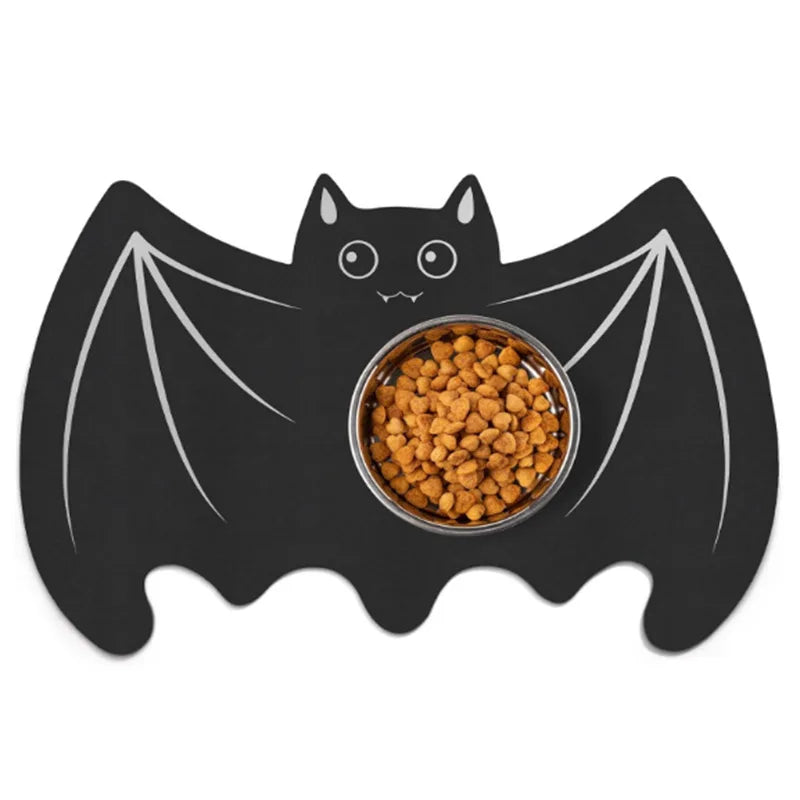 Halloween Spider Web Bat-shape Pet Feeding Mat Non-Slip Spillproof Protector Easy Clean Dining Mat Spooky Home Decor for Cat Dog
