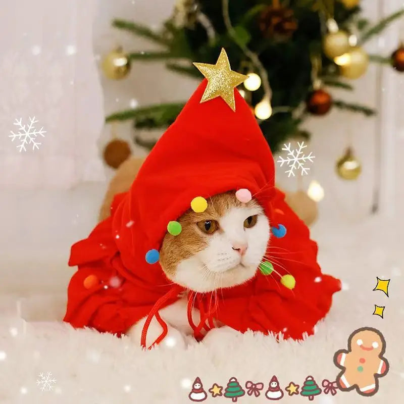 Cat Christmas Outfit Green Pet Cloak with Hat Star Pompoms Puppy Cape Clothes Tree Elf Costumes Party Pet Supplies Accessories