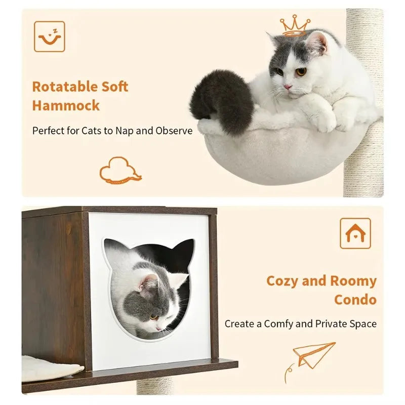 Modern 65" Tall Wood Cat Tree Tower Indoor Condo with Hammock Scratching Post Removable Pads Bed for Small Large Brown Cats