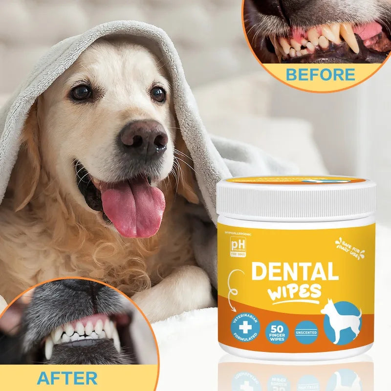 50pcs Pet Dental Finger Wipes Teeth Cleaning Freshen Breath Remove Plaque Tartar for Dogs Cats Oral Care Wipes