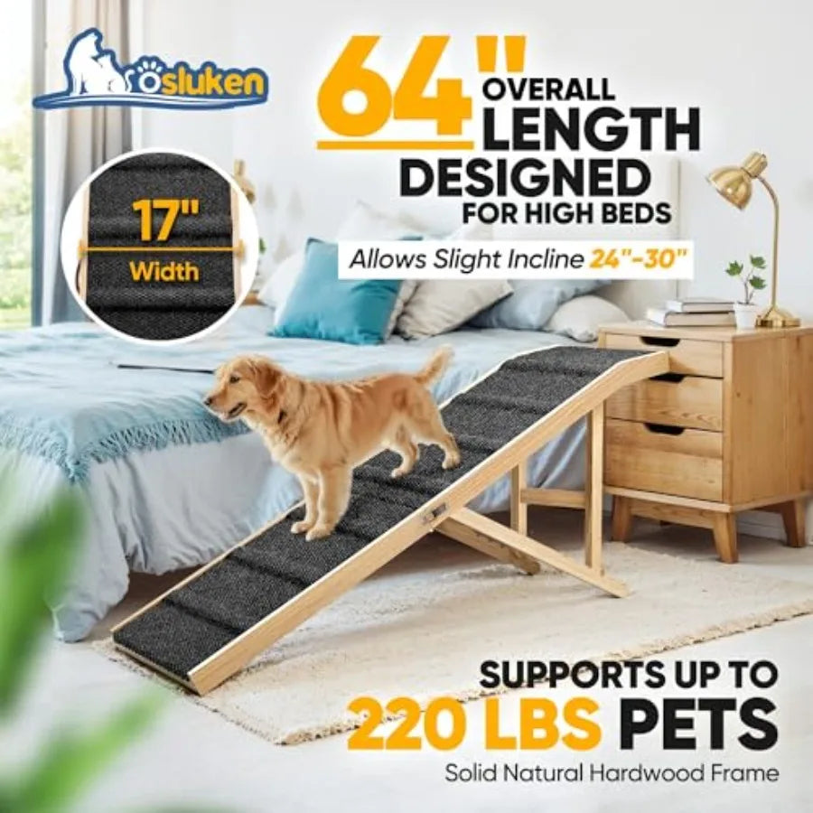 Foldable Dog Ramp for Bed L64 W17 Wood Black High Traction Pet Ramp for Small Large Dogs Cats Adjustable 6 Heights 24 to 30 Up