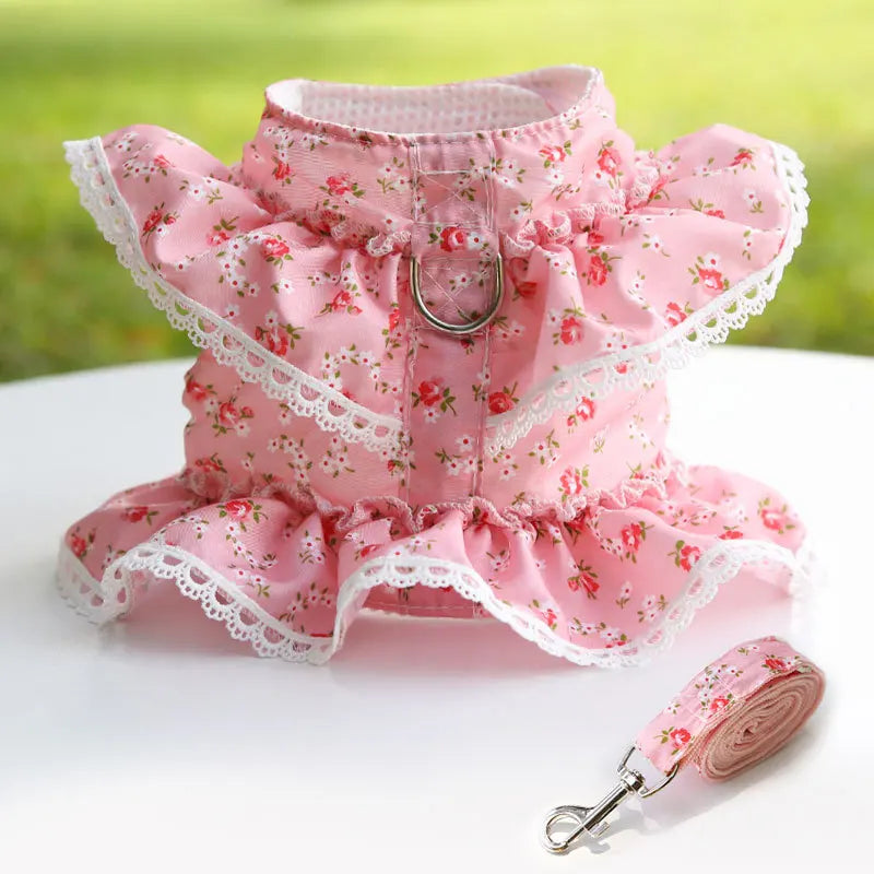 Dog Cat Harness Leash Set Adjustable Cute Lace Floral Printed Pet Harness Vest Dog Clothes Puppy Mesh Harness Dog Accessories