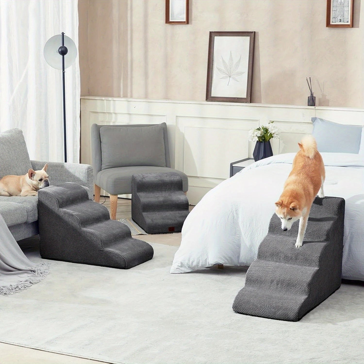 [4-Step Curved Dog Ramp] 4-Step Non-Slip Curved Dog Stairs Ramp for High Beds 20" Height | Soft Grey Carpeted Steps.Labubo.