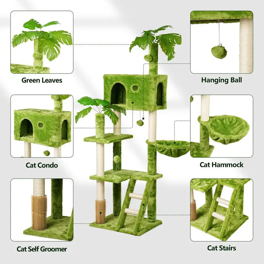 Tall Cat Tree with Leaves for Indoor Cats, Green Cat Tower with Scratching Post,Hanging Hammock,Cozy Perch,Swing Ball,Self Groom