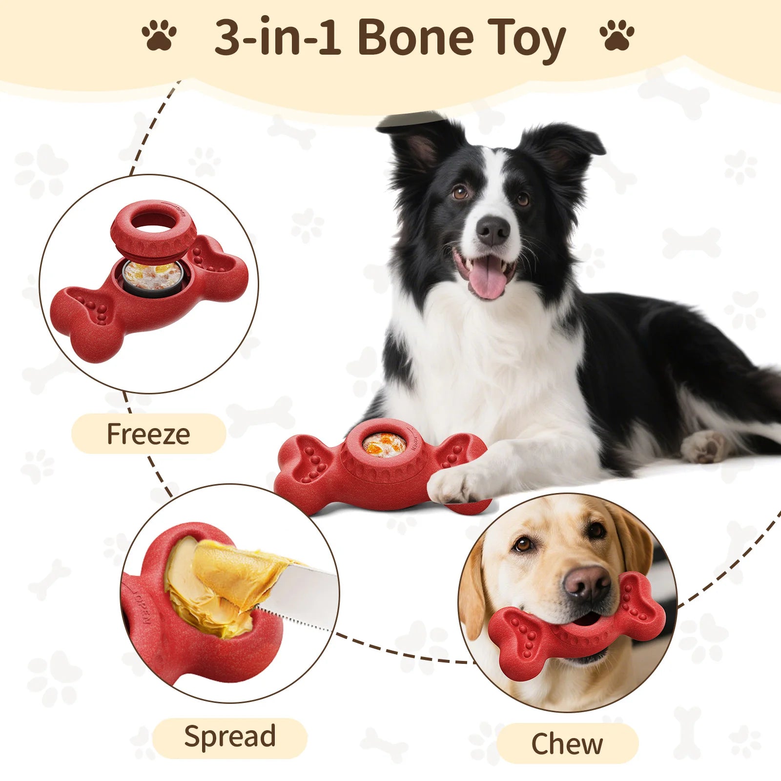 3in1 Chew Toy: Frozen Treat Dispenser for Aggressive Chewers, Large Dog Enrichment with Peanut Butter Grooves, Easy Clean