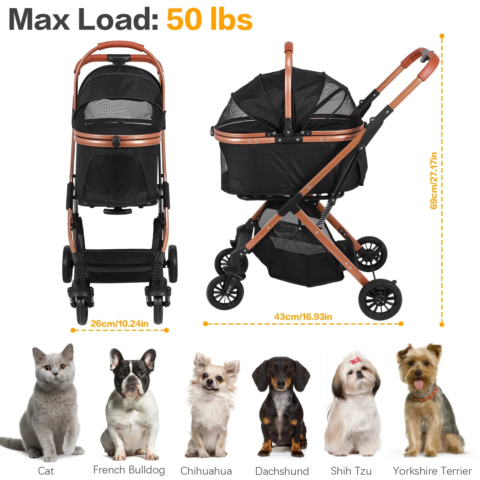 Folding Stroller with Detachable Carrier Foldable Travel Jogger Foldable & Ventilated with Sun Shades for Small Medium Dogs Cats