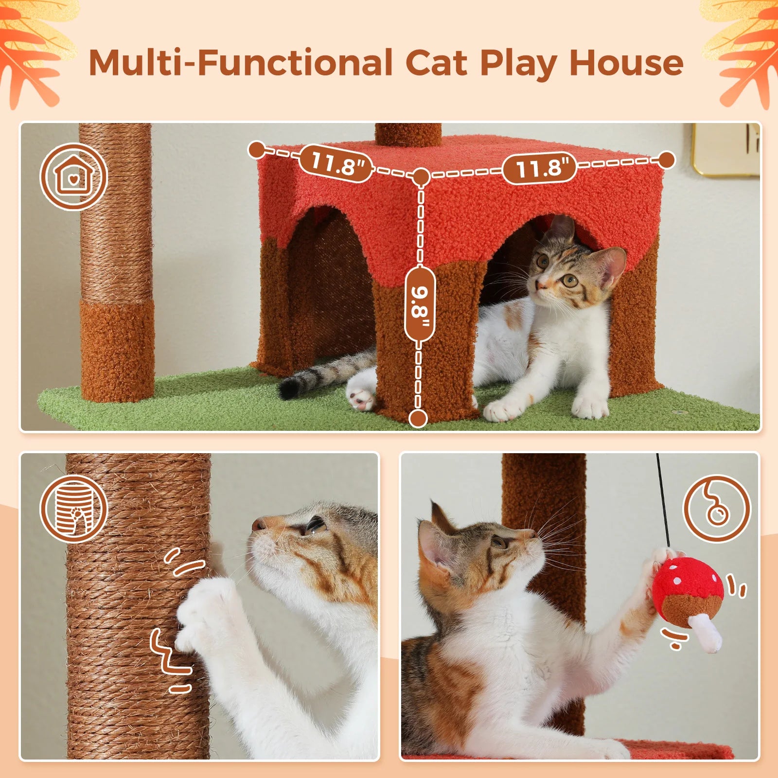 Multi-Level Cat Tree with Scratching Posts Removable Scratcher Large Condo Hammock Mushroom Cat Tower for Indoor Cat Toys