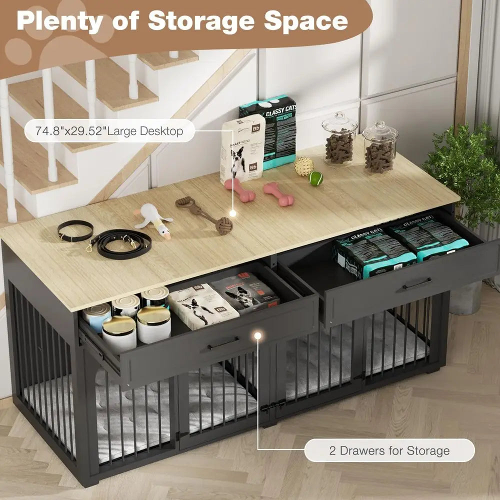 Large Wooden Dog Crate with 2 Doors, Removable Divider, Heavy Duty Indoor TV Stand for Medium to Large Dogs, Black
