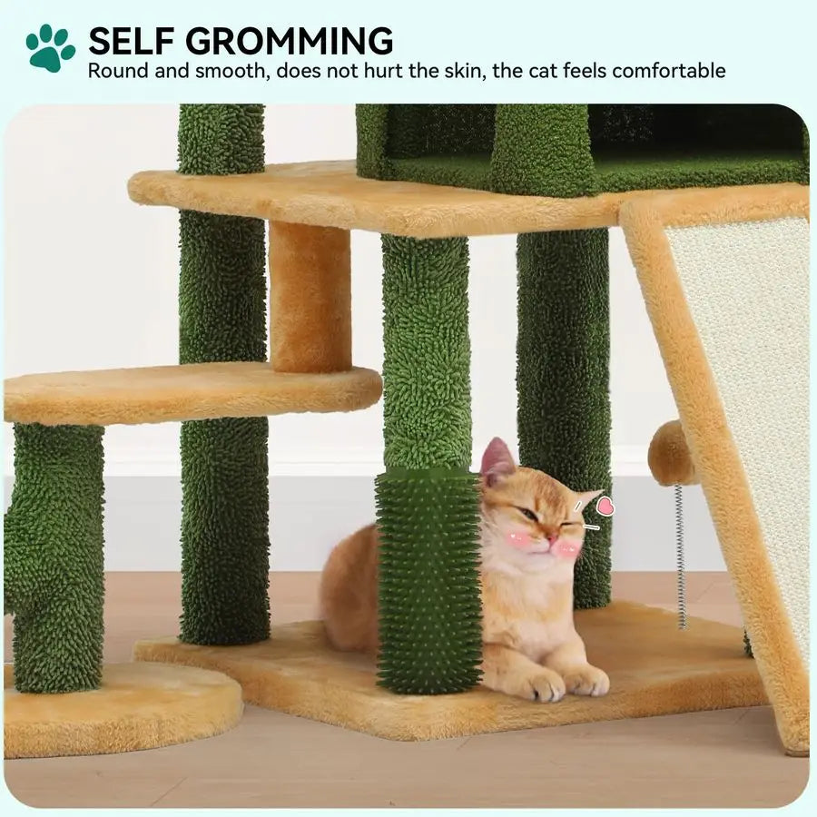 Tall Cactus Cat Tree Tower with SelfGrooming Brush, 60in Cute Cat Climbing Tower for Indoor Cats with Cat Condo, Top Perch, Bask