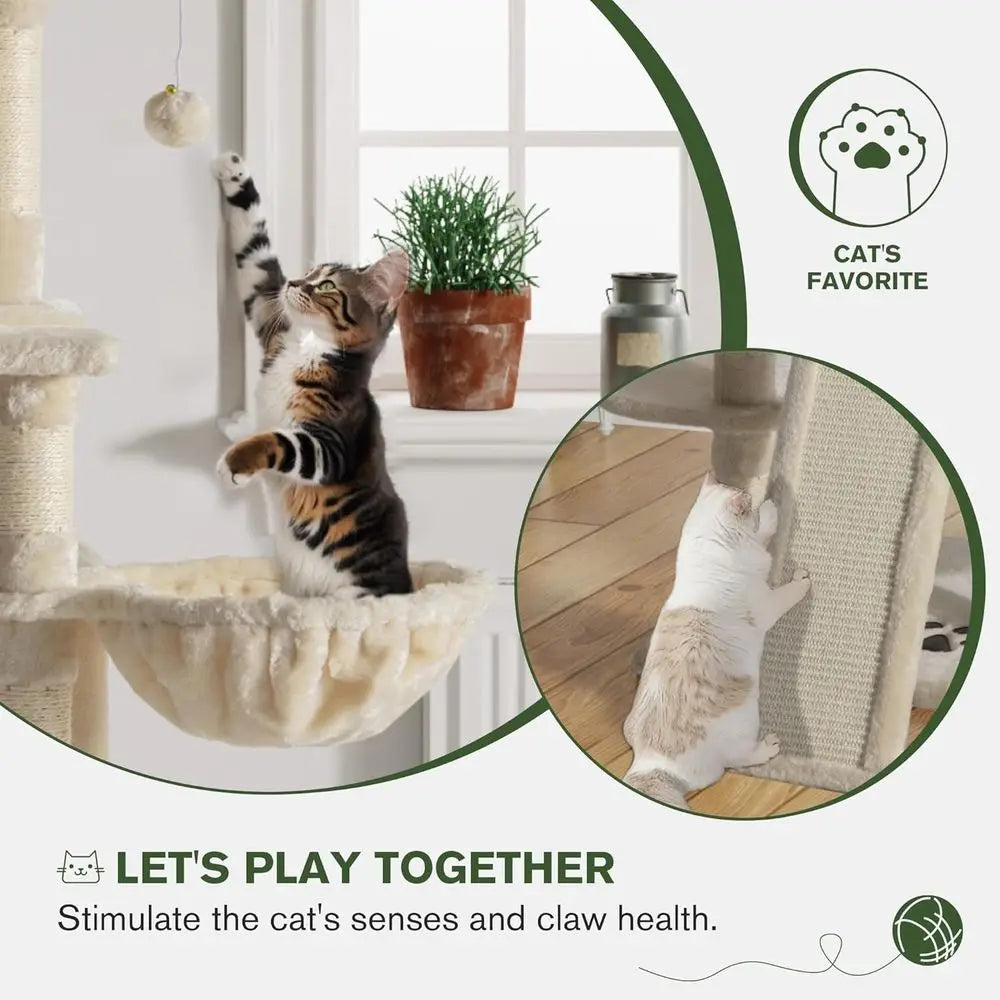 68 Multi-Tiered Large Cat Tower for Big Cats with Condo, Plush Perches, Sisal Posts, Hammocks, and Playhouse - Beige