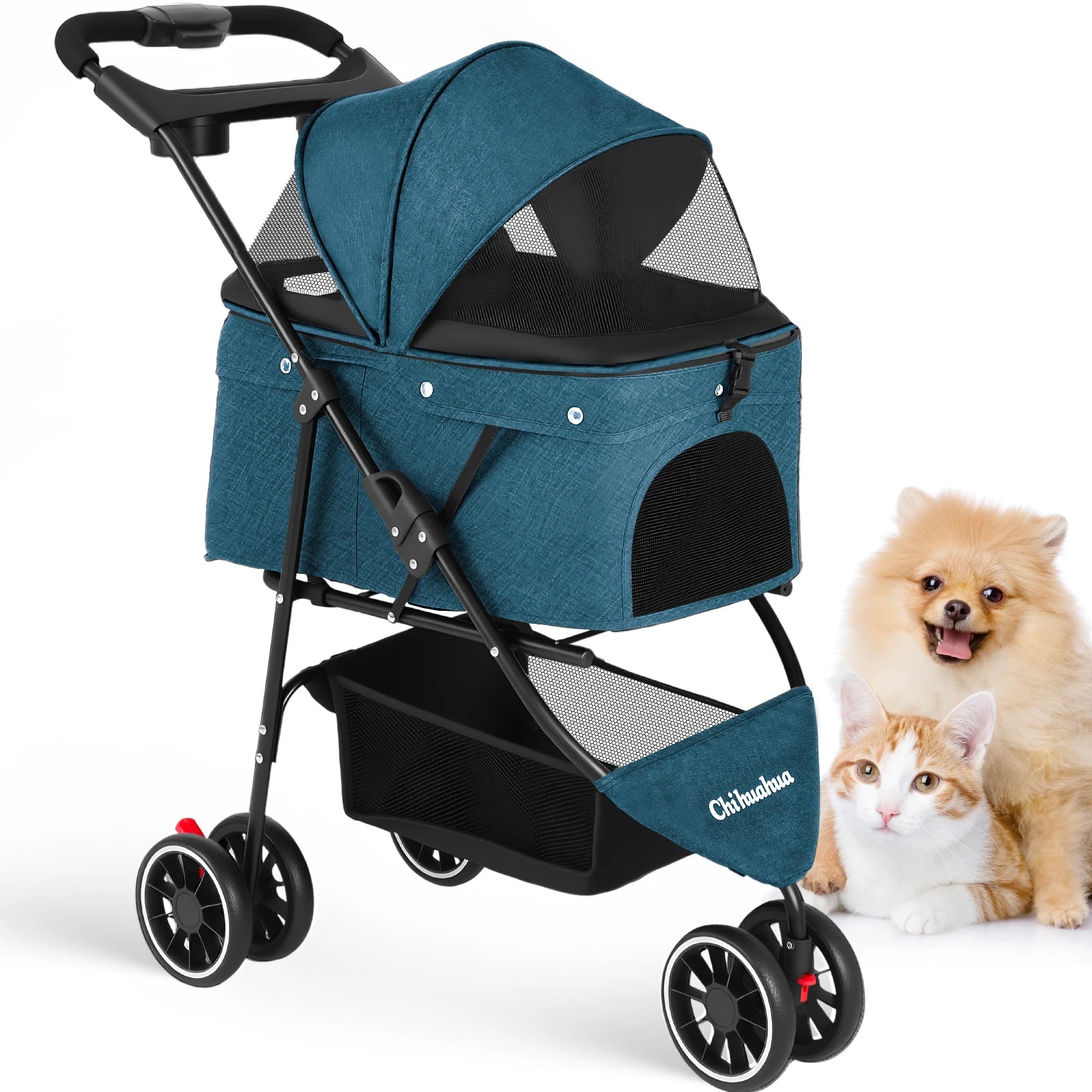 Pet Stroller for Small & Medium Dogs Cats Foldable Stroller with Breathable Mesh Storage Basket  Cup Holders  Travel Pet Carrier