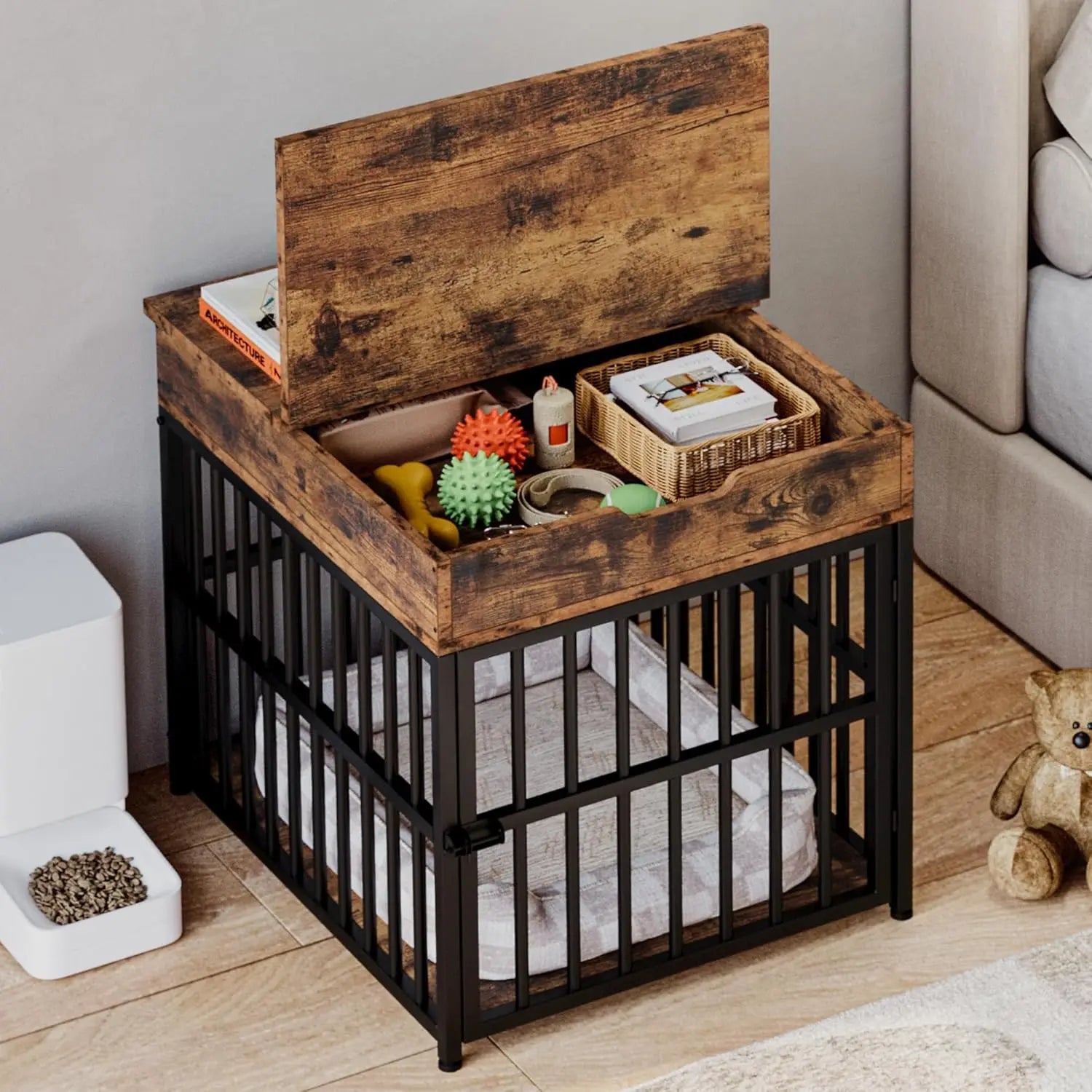 Wooden Dog Crate Furniture with Charging Station, Flip-Top Drawer for Small Dogs, Rustic Brown Indoor Pet Kennel