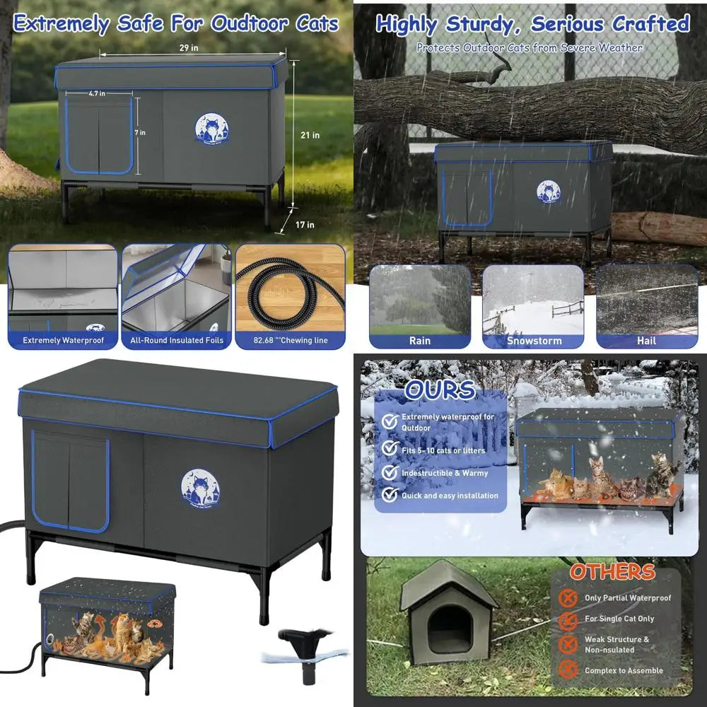 Large Waterproof Winter Cat House with Escape Door and Heating Pad, Insulated XXL Shelter for Outdoor Cats and Small Dogs