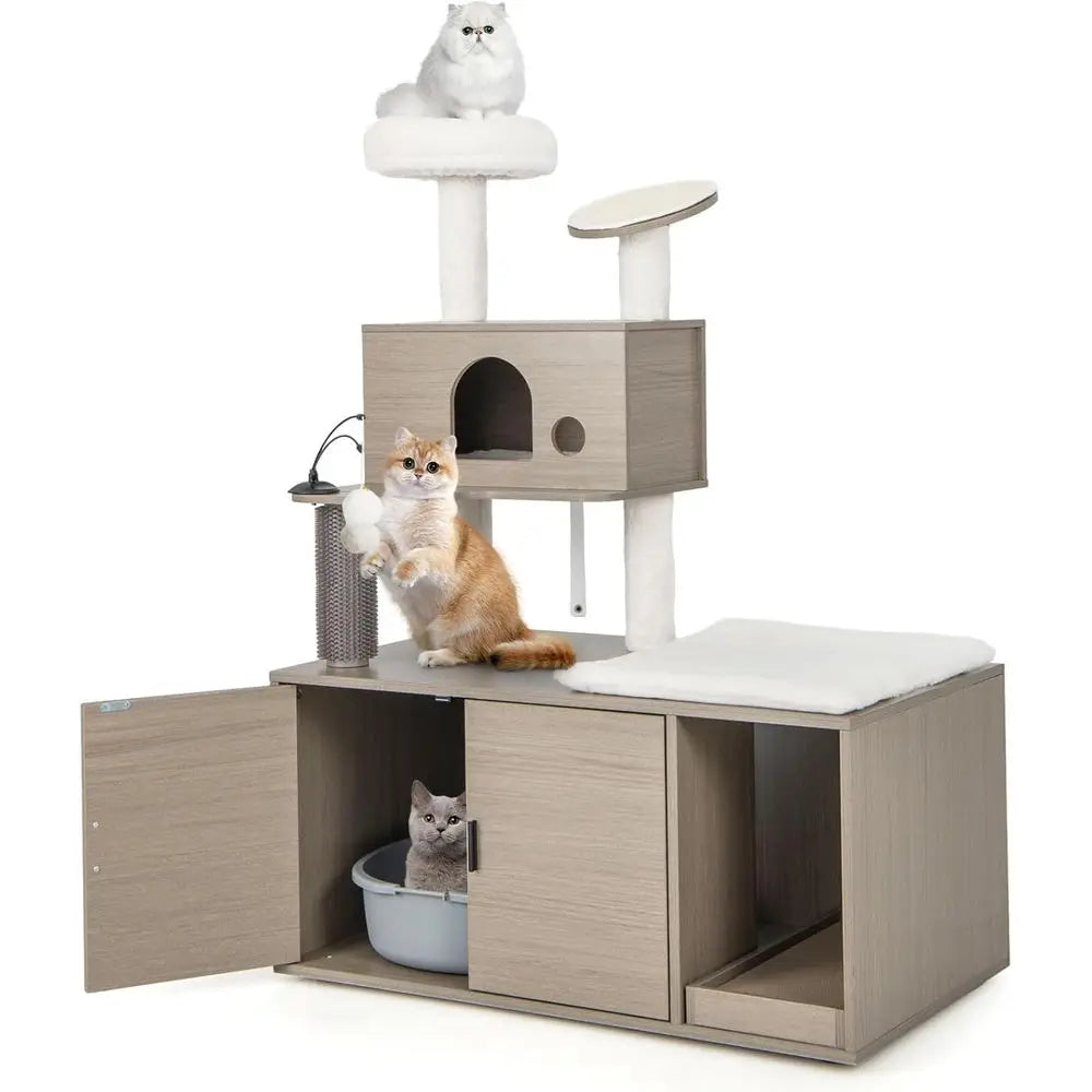 Tangkula Cat Tree with Litter Box Enclosure, Cat Tower with Litter Box, Cat Condo, Scratching Board, Soft Plush Perch, Dangling