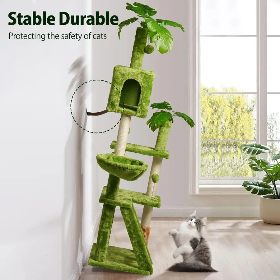 Tall Cat Tree with Leaves for Indoor Cats, Green Cat Tower with Scratching Post,Hanging Hammock,Cozy Perch,Swing Ball,Self Groom